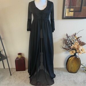 Chiffon Vtg Black Silky Long Maxi Slip Dress Nightgown Robe Peignoir Set
